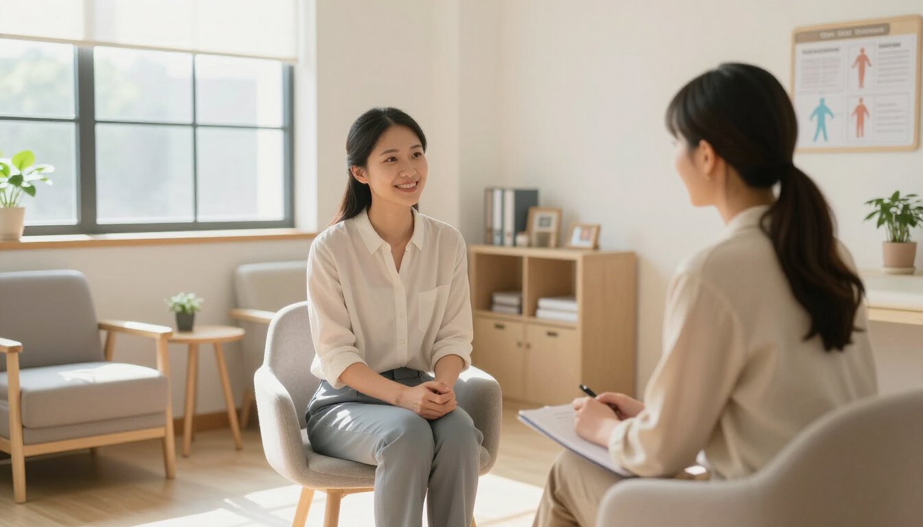 Warm counseling office with soft colors and natural light, therapist and client seated together in a calm recovery environment.