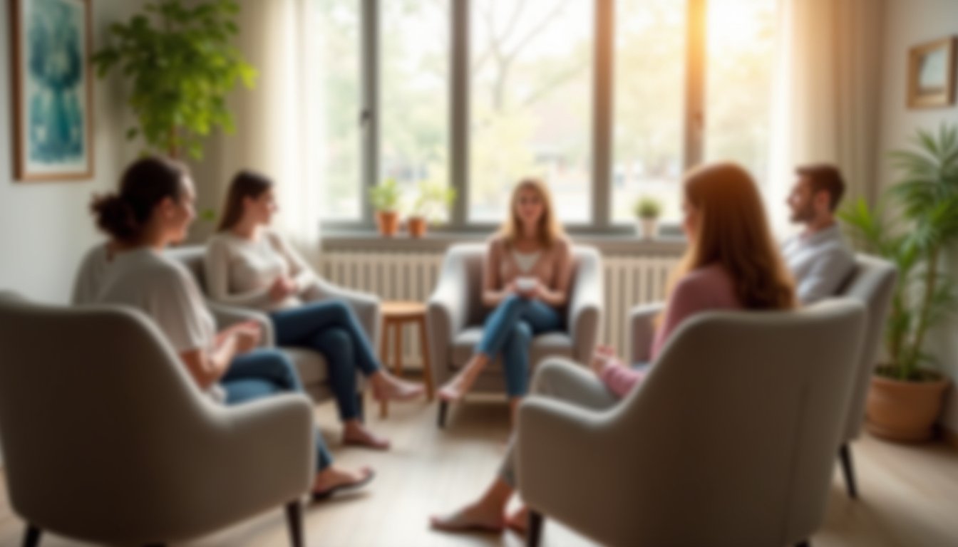 Community-focused outpatient treatment group in a bright therapy space.