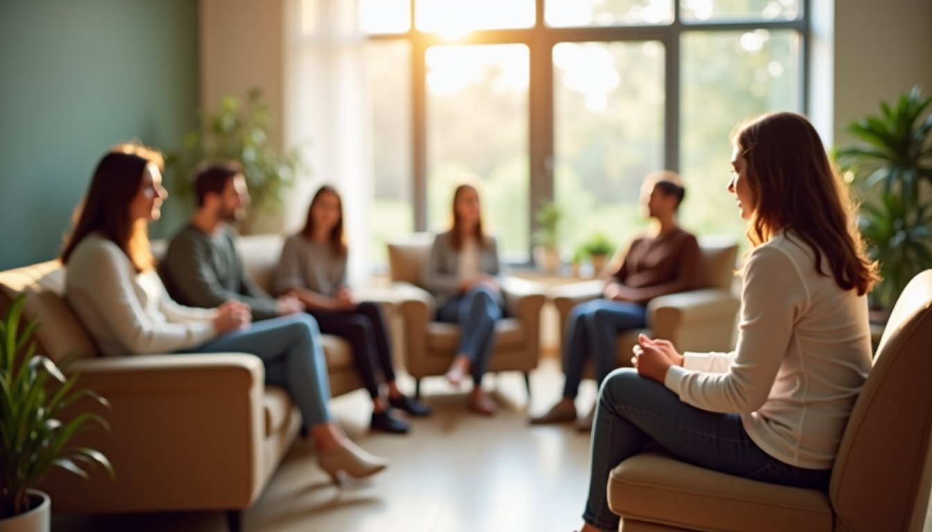 Therapist leading an IOP group session in a sunlit outpatient setting.