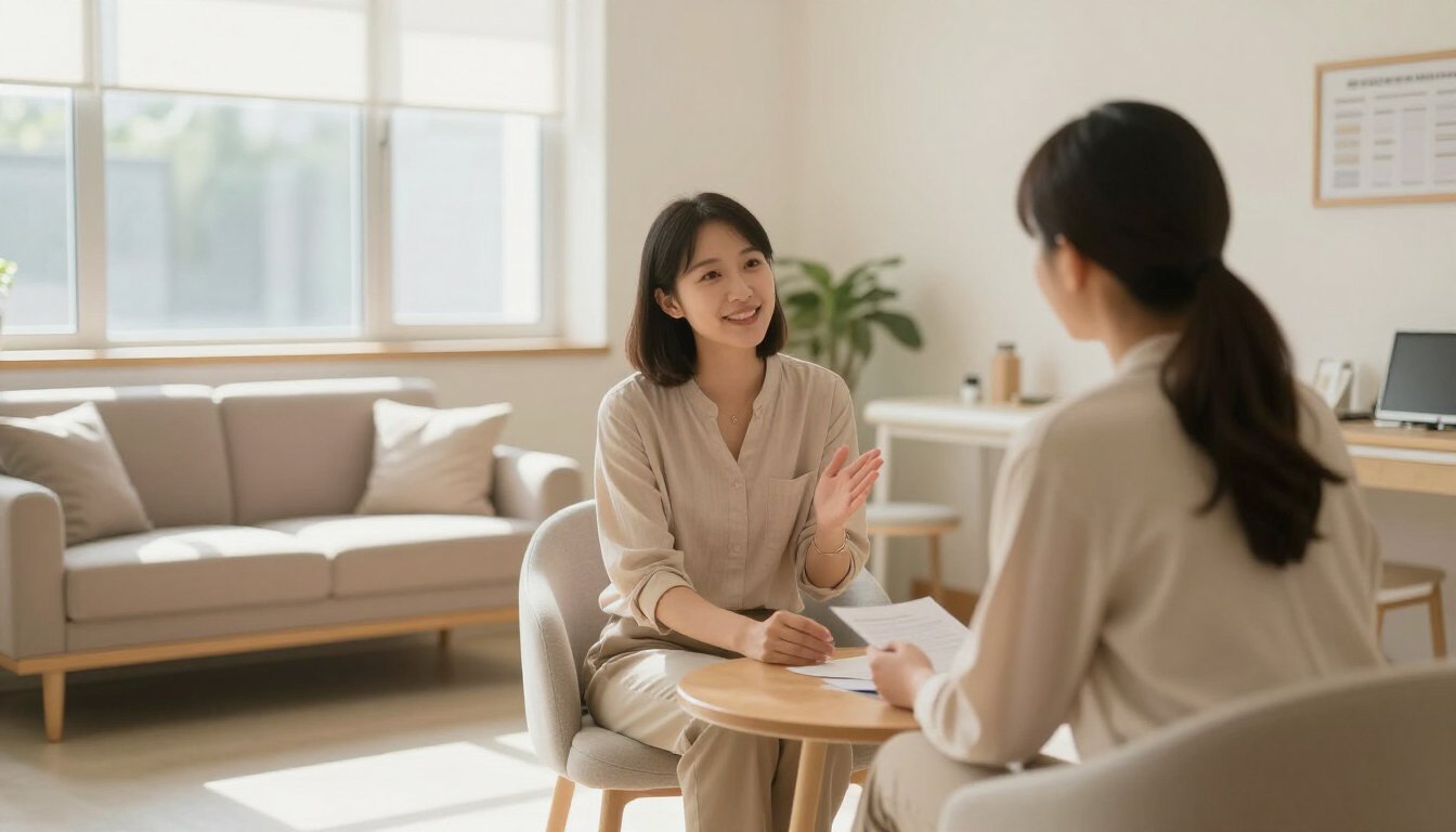Bright outpatient therapy room with comfortable seating and sunlight streaming in as a counselor and client talk in a supportive setting.