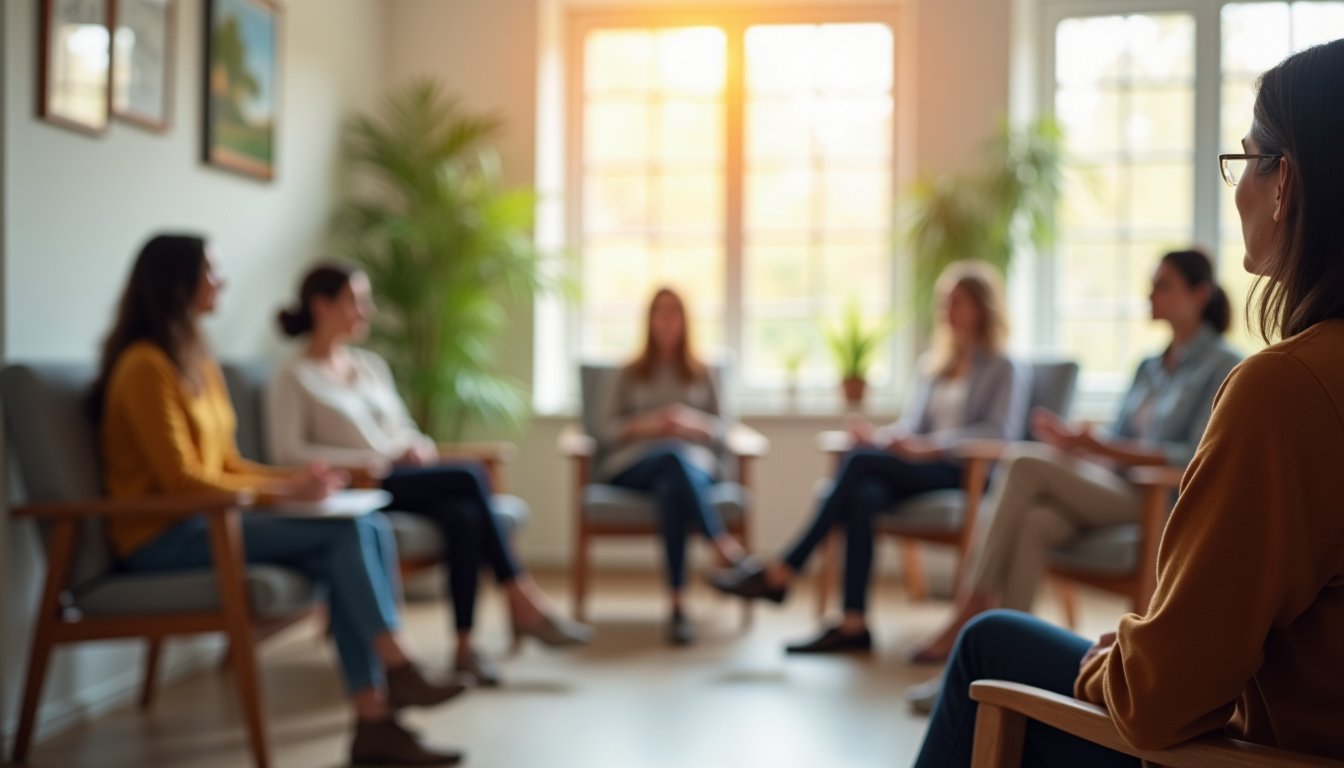 Residential-style outpatient program hosting a guided group discussion.