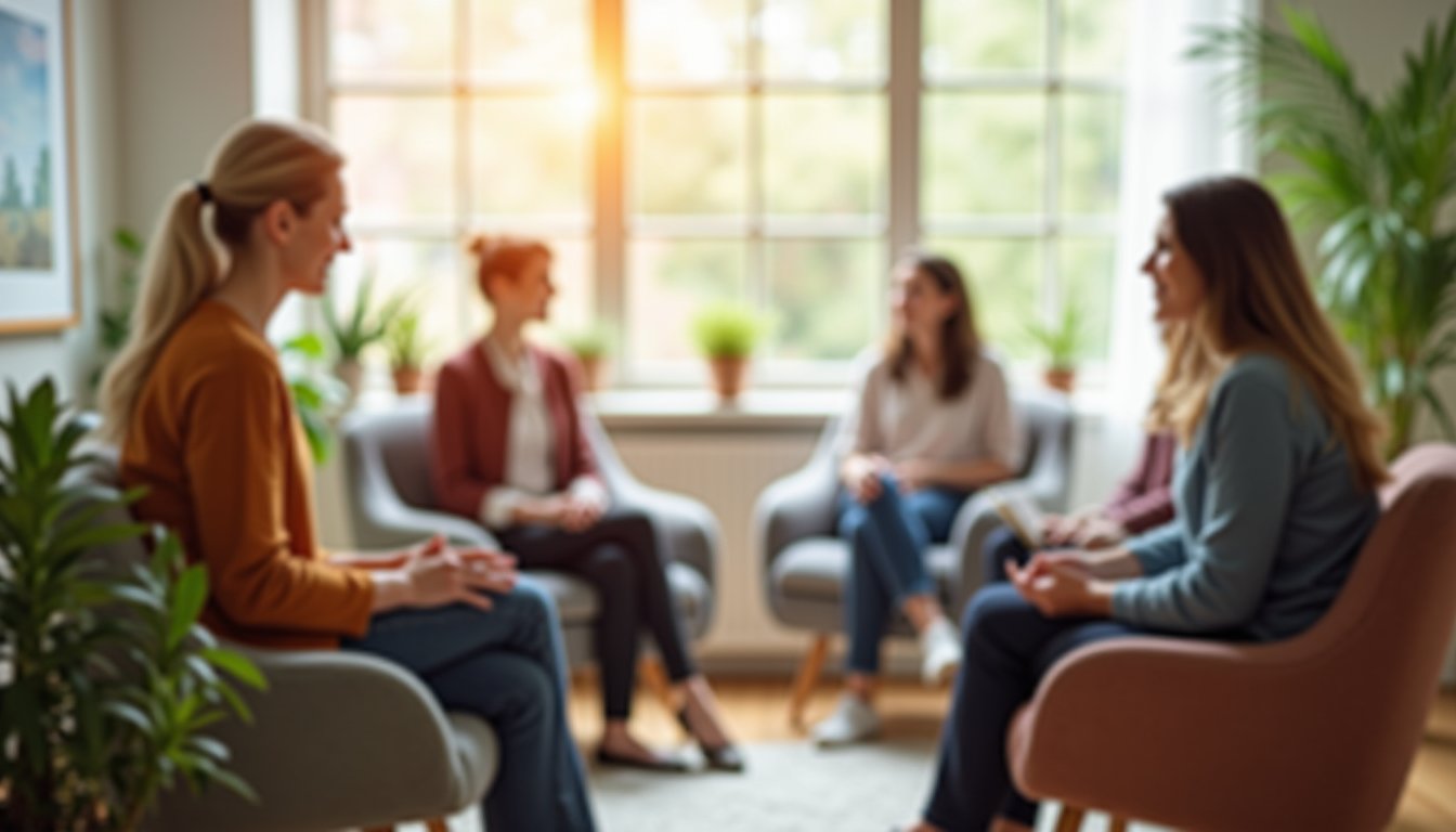 Diverse therapy group meeting in a residential-style outpatient program space.