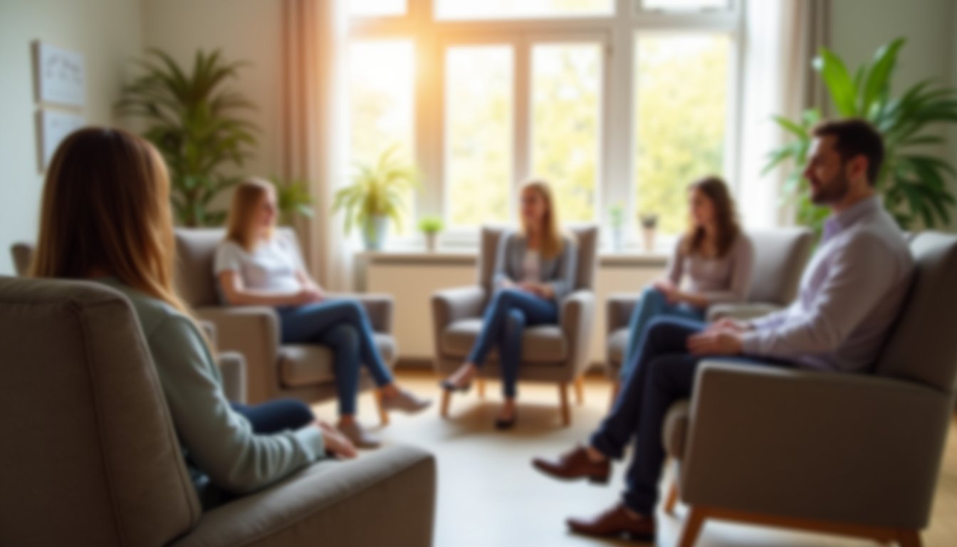 A group of five people sit in armchairs arranged in a circle in a bright, plant-filled room, engaged in a support group or therapy session.