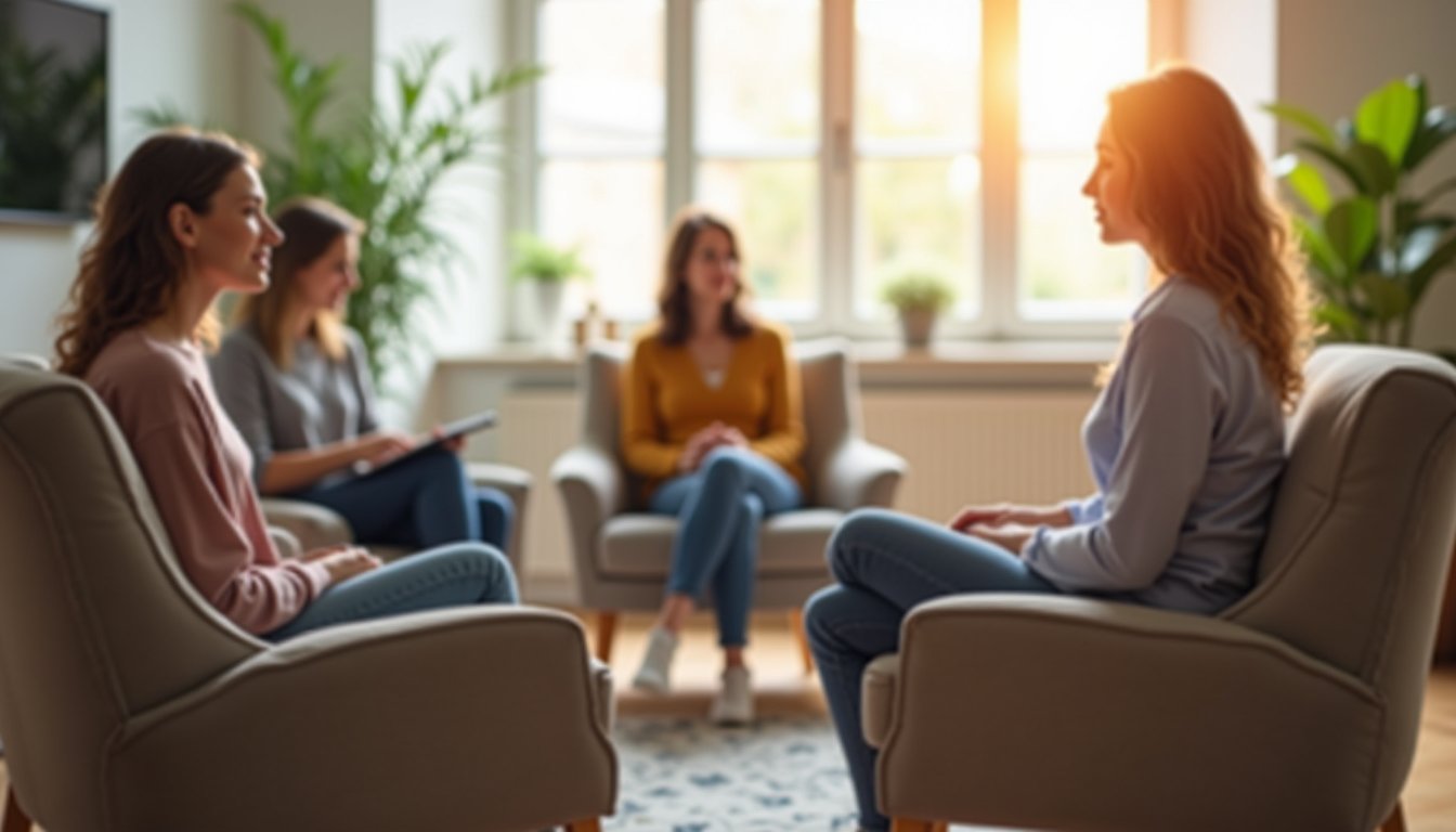 Supportive IOP group counseling session in a modern therapy room.