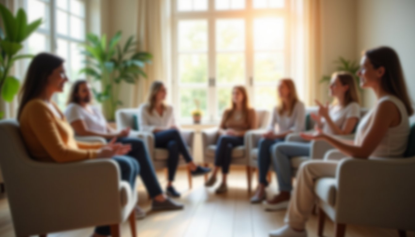 Intensive outpatient program group therapy session in a bright, modern room.