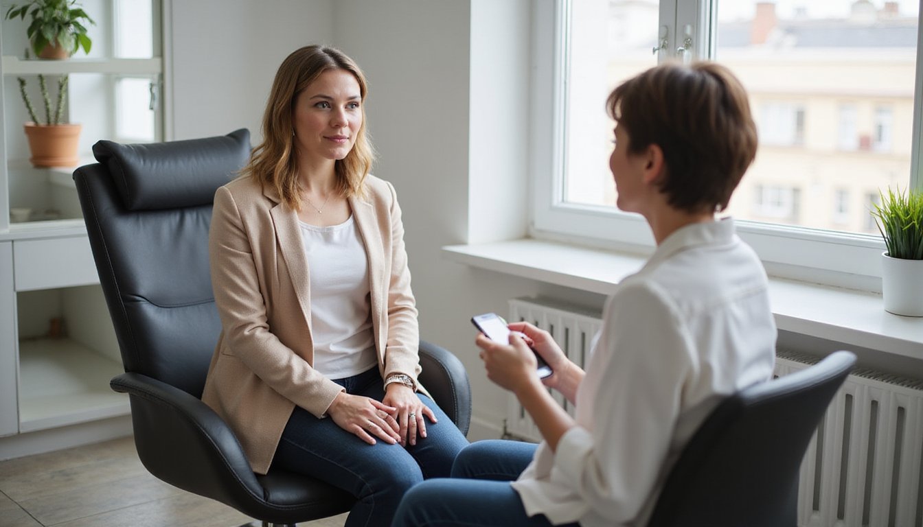 Therapist speaking with a patient during a private mental health counseling session in a bright and comfortable office