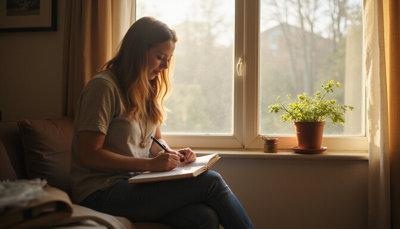 A woman in a gray t-shirt journals in an open notebook by a sunlit window, with a small potted plant on the sill.