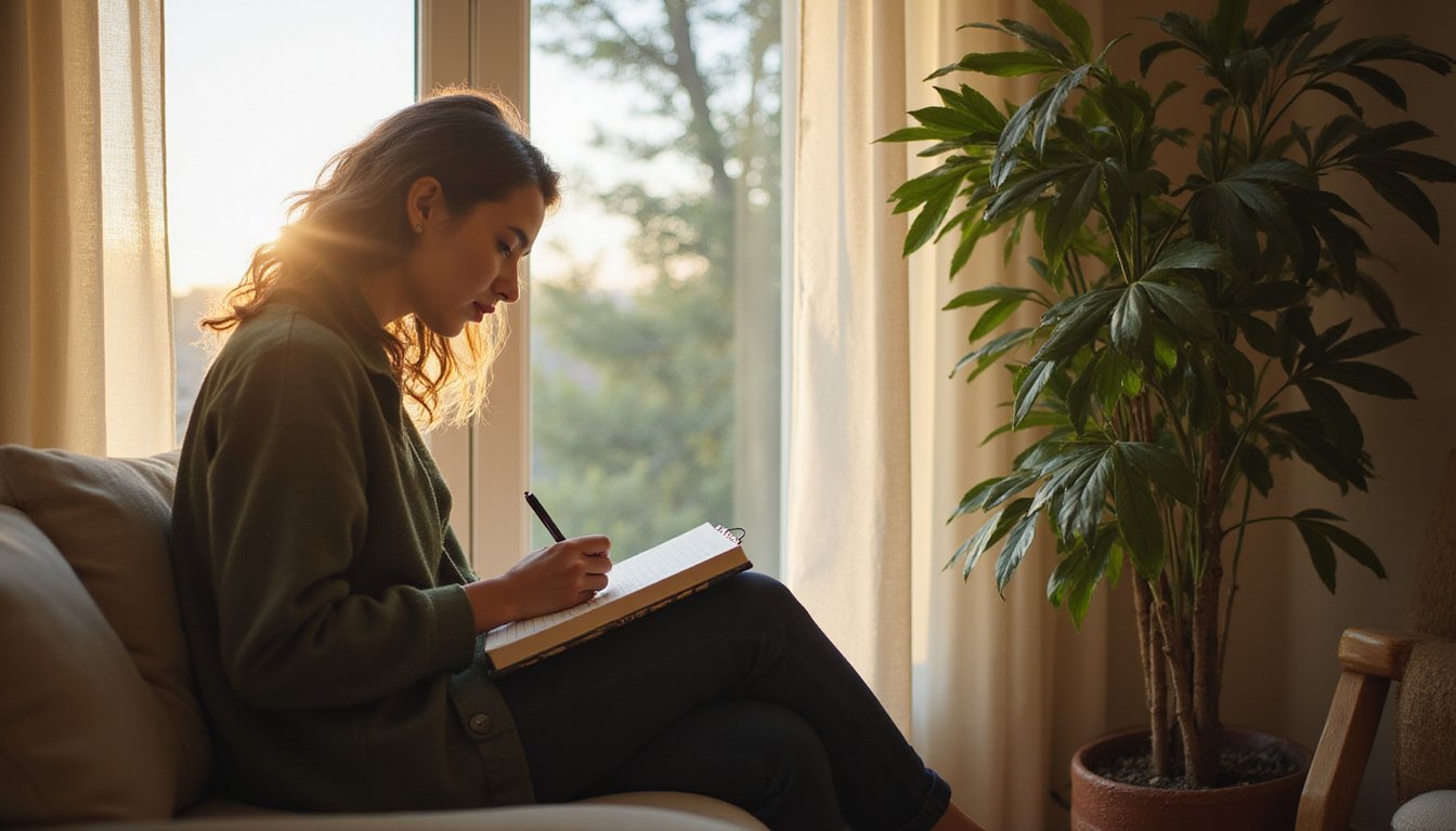 A woman in a green sweater writes in a notebook on a couch by a sunlit window, next to a tall houseplant.