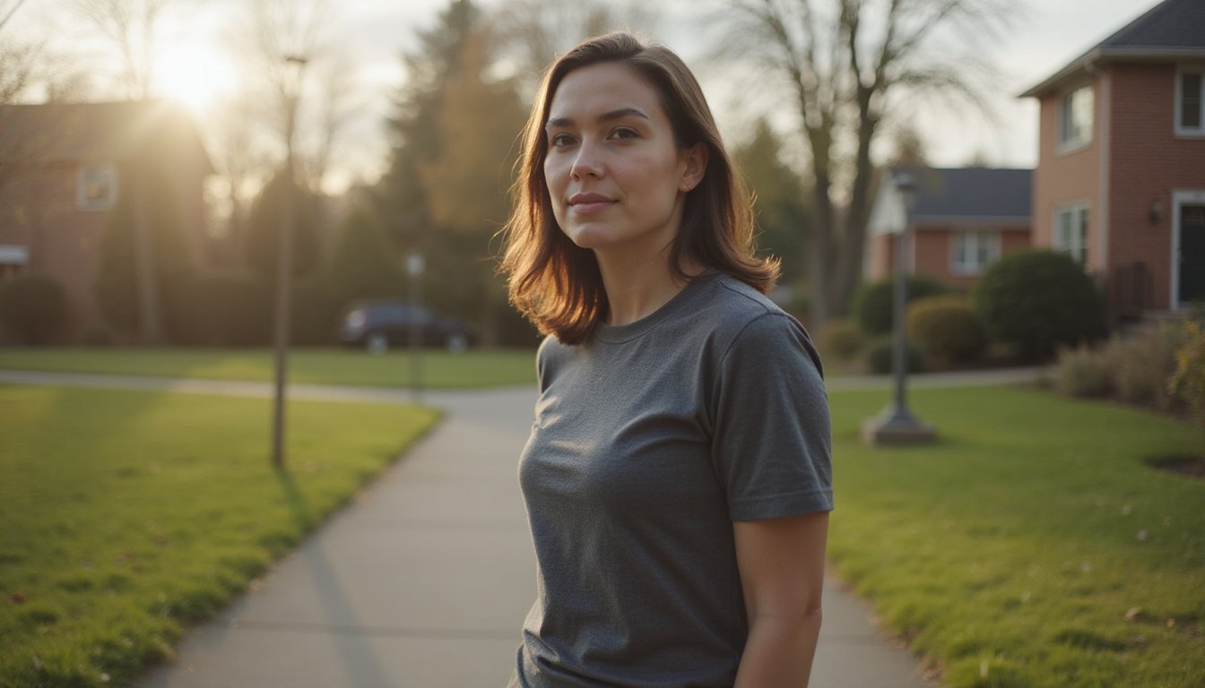 Person standing outdoors during an early morning walk in a neighborhood park, healthier appearance, clearer skin, upright posture, thoughtful but determined facial expression,
