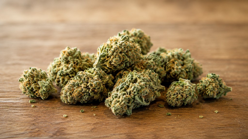 Cannabis buds arranged on a wooden table.