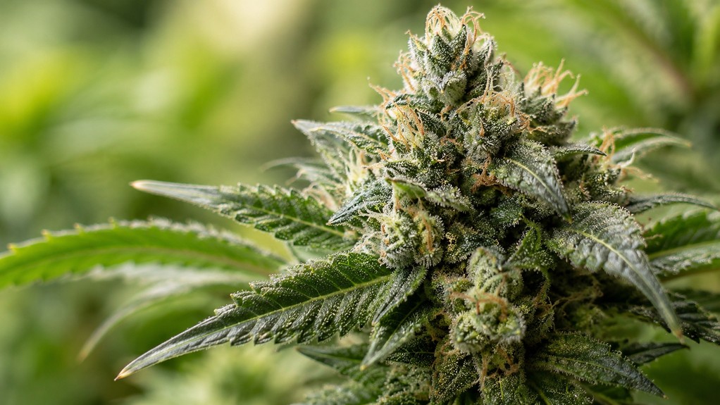 Close-up of a cannabis flower showing detailed leaves and buds.