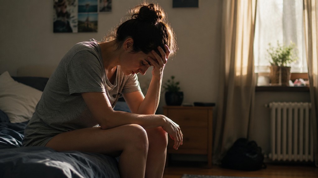 Distressed woman sitting on the edge of a bed while experiencing signs of a possible drug relapse.