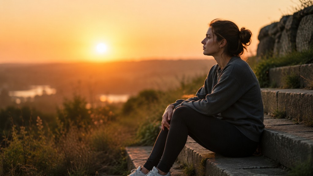oman sitting alone outdoors at sunset while reflecting on warning signs of drug relapse.