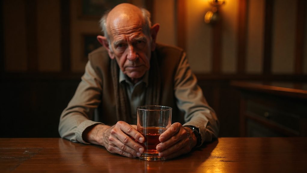 Older man seated at a table holding a glass of alcohol with a serious expression.